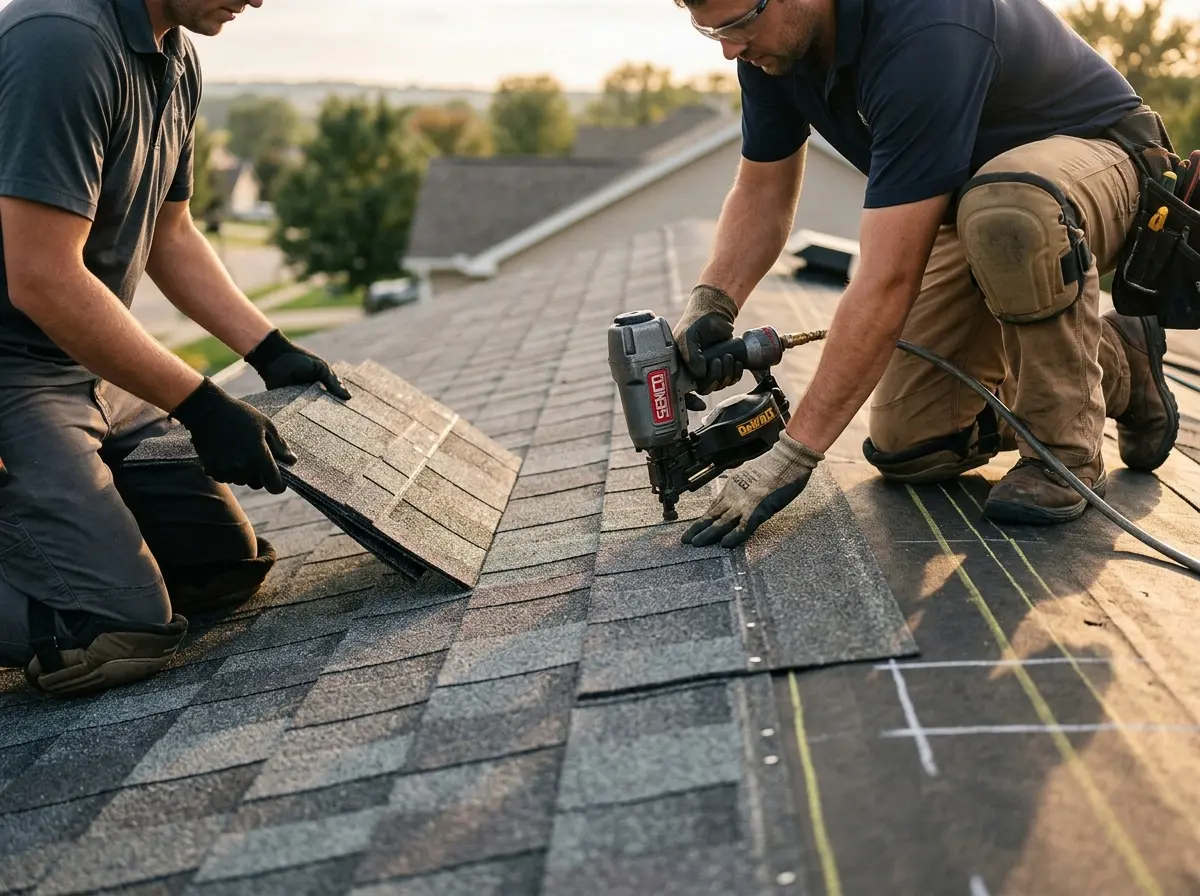 Professional roofer working on a residential roof in Eastlake